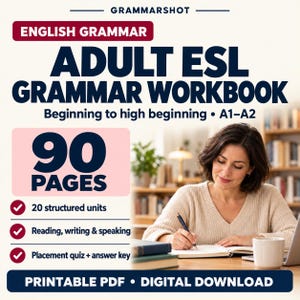 Può includere: Un quaderno di esercizi digitale intitolato Grammarshot Adult ESL Grammar Workbook per i livelli da principiante a principiante avanzato A1-A2. Il documento contiene 90 pagine, 20 unità strutturate, esercizi di lettura, scrittura e conversazione, un test di livello e una chiave di risposta.