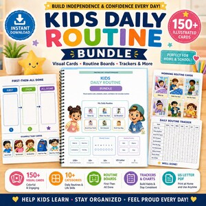 Può includere: Un pacchetto digitale di routine quotidiana per bambini con oltre 150 carte illustrate, tabelle di routine e tracker. Il set include uno schema di passaggi, una guida a spirale, carte per la routine mattutina e un tracker settimanale.