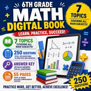 May include: A 6th Grade Math Digital Book featuring a tablet displaying geometry and algebra problems, a blue calculator, a stack of three books, and pencils in a holder. Text includes 7 Topics, 250 Questions, Answer Key, and 55 Pages.