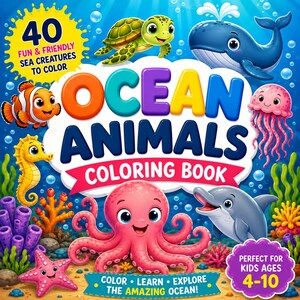 Puede incluir: Un libro para colorear titulado Ocean Animals que presenta una tortuga marina, ballena, pez payaso, caballito de mar, medusa, pulpo y delfín. La portada incluye el texto 40 Fun & Friendly Sea Creatures To Color y el título del libro.