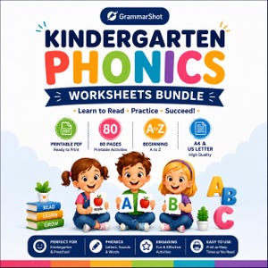 Op de afbeelding: Een Kindergarten Phonics werkbladenbundel met 80 printbare PDF-pagina's voor het leren van A tot Z. De afbeelding toont drie kinderen die letter- en appelkaarten vasthouden, een stapel boeken met de tekst Read, Learn, Grow en letters A, B, C.
