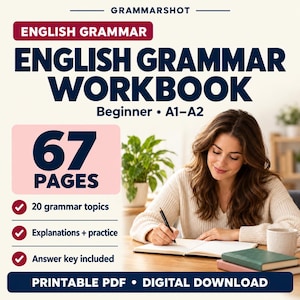 Könnte beinhalten: Ein englisches Grammatik-Arbeitsbuch für Anfänger auf dem A1-A2 Niveau. Das Cover enthält den Text GRAMMARSHOT, ENGLISH GRAMMAR, ENGLISH GRAMMAR WORKBOOK, Beginner A1-A2, 67 PAGES, 20 grammar topics, Explanations + practice, Answer key included, und PRINTABLE PDF DIGITAL DOWNLOAD.