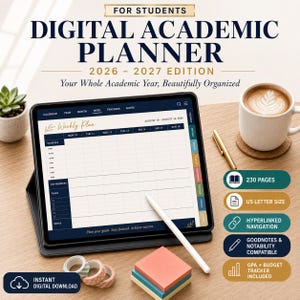 Digitale Academische Planner 2026-2027, Wekelijkse Studentenplanner, Collegeplanner voor GoodNotes, Notability en iPad