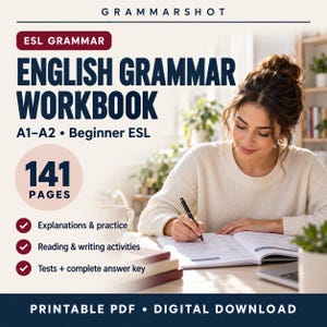 Puede incluir: Un listado de producto digital para un libro de ejercicios de gramática inglesa Grammarshot. La portada presenta el texto ESL Grammar, English Grammar Workbook, A1-A2 Beginner ESL, 141 pages, y enumera características como explicaciones.