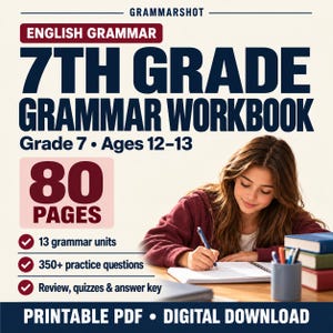 Puede incluir: Un libro de ejercicios de gramática inglesa de 7º grado de Grammarshot, con 80 páginas, 13 unidades y más de 350 preguntas para edades de 12 a 13 años. La portada incluye texto, una etiqueta de descarga digital y la imagen de un estudiante.
