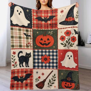 Manta vintage de Halloween con retazos, manta decorativa con diseño de fantasma, calabaza y gato negro, decoración acogedora para el hogar en otoño o Halloween, regalo de Halloween