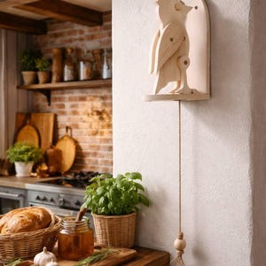 May include: A light-colored wooden wall-mounted bird figure featuring a mechanical design with a vertical pull string. The bird is mounted on a flat wooden backplate and includes a small wooden bead at the end of the hanging cord for manual operation.