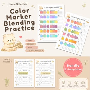 May include: A digital color marker blending practice sheet set featuring 2-color and 3-color templates. The pages include sections for color selection, blending practice, and notes, decorated with illustrations of a bear and small flowers.