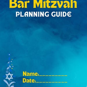 May include: A Bar Mitzvah planning guide with a blue water-like background. The text reads Bar Mitzvah PLANNING GUIDE, Name, and Date. A decorative floral border with small Star of David symbols and yellow flowers is located in the bottom left corner.