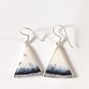 Natural Dendrite Opal Gemstone Earrings, 925 Sterling Silver Dangle Earrings, Handmade Jewelry, Unique Birthday Gift for Her