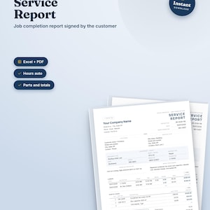 Op de afbeelding: Een invulbaar veldservicerapport-sjabloon in Excel- en PDF-formaten. Het document bevat secties voor bedrijfsgegevens, klantgegevens, servicelocatie, apparatuur, arbeidsuren, gebruikte onderdelen en een checklist voor de status van de opdracht.