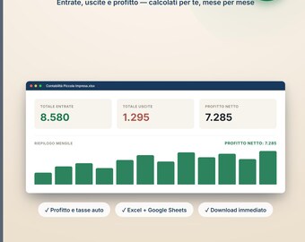 以下が含まれることがあります： ExcelおよびGoogleスプレッドシート用の会計テンプレート「Contabilità Piccola Impresa」。月次の収入、支出、純利益を示す緑色の棒グラフ、概要ボックス、および自動税金計算機能が含まれています。