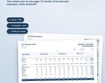 以下が含まれることがあります： 2026年度の年間収支管理用デジタルテンプレート。会社名、連絡先、月間収入、支出、利益、および定期的なコストを記録するセクションが含まれており、ExcelおよびPDF形式で利用可能なビジネス用ドキュメントです。