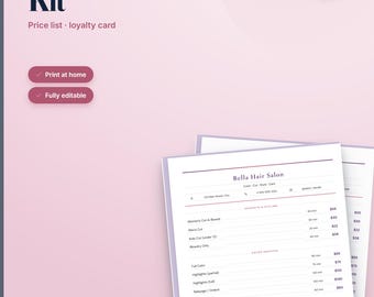 以下が含まれることがあります： 薄いピンクの背景に価格表とポイントカードのテンプレートが印刷されたヘアサロンキット。テキストには「Hair Salon Kit」、「Instant Download」、「Print at home」、「Fully editable」、および「Bella Hair Salon」の詳細なサービスメニューが含まれています。