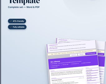 以下が含まれることがあります： 紫色のアクセント、白いテキスト、見出しを備えたクリーンなレイアウトのデジタル履歴書およびカバーレターテンプレートセット。ドキュメントには、職務経歴、スキル、学歴のセクションが含まれており、ATS-friendlyやInstant Downloadといったラベルが表示されています。