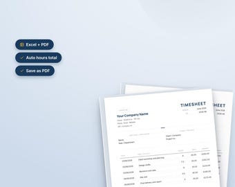 Timesheet Template Excel and PDF, Printable Work Hours Tracker with Totals