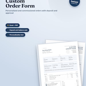 May include: A digital custom order form template for personalized commissions, featuring sections for customer details, item descriptions, pricing, and approval checkboxes. The document includes text fields for shop name, order dates, and payment totals in a clean layout.
