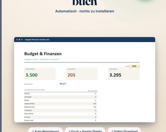 以下が含まれることがあります： ExcelおよびGoogleスプレッドシート用のデジタル家計簿・財務管理テンプレート。インターフェースには2026年の収入、支出、貯蓄が表示され、家賃、食費、交通費などのカテゴリが含まれています。自動計算や即時ダウンロードに関するラベルも記載されています。