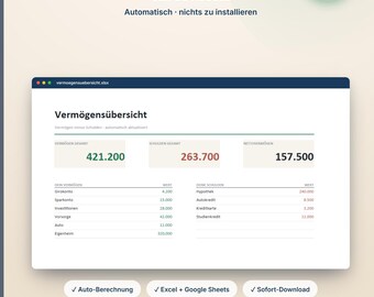 以下が含まれることがあります： ExcelおよびGoogleスプレッドシート用のデジタル財務ダッシュボードテンプレート「Vermögensübersicht」。インターフェースには、総資産、総負債、純資産が表示され、口座、投資、負債の詳細リストが含まれています。