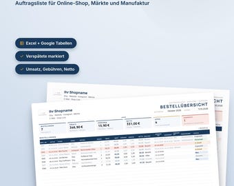 Könnte beinhalten: Eine digitale Bestellübersicht als Vorlage für Online-Shops, Märkte und Manufaktur, kompatibel mit Excel und Browser. Das Dokument enthält Spalten für Bestellnummern, Datum, Kundennamen, Vertriebskanäle, Artikel, Preise und Status.