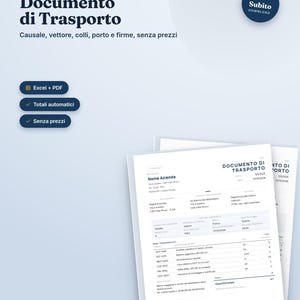 Può includere: Un modello digitale per un documento di trasporto, intitolato Documento di Trasporto, con campi per mittente, destinatario, vettore e beni trasportati. Include pulsanti per il download in Excel e PDF, totali automatici e opzione senza prezzi.