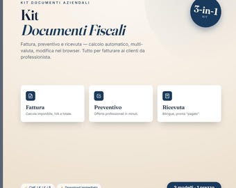 以下が含まれることがあります： Fattura、Preventivo、Ricevutaのセクションを備えた3-in-1ラベル付きのデジタルビジネスドキュメントキット。レイアウトには、自動計算、多通貨対応、ブラウザ内編集に関するテキストが含まれており、専門的な請求書作成のためのツールとして構成されています。