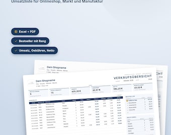 Könnte beinhalten: Eine digitale Verkaufsübersicht für Onlineshop, Markt und Manufaktur, kompatibel mit Excel und Browser. Das Dokument enthält Bereiche für Umsatz, Gebühren, Nettobeträge und Bestseller-Rankings in übersichtlichen Datentabellen.