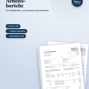 Könnte beinhalten: Eine digitale Vorlage für einen Arbeitsbericht für Handwerker. Das Dokument enthält Felder für Kundendaten, Arbeitsstunden, Material und Steuerberechnungen und ist in den Formaten Excel und PDF verfügbar.