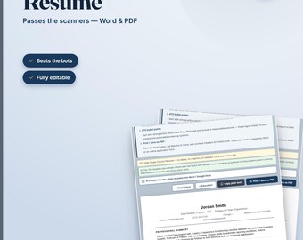 以下が含まれることがあります： ATS-Friendly Resume、ATS Resume、Passes the scanners - Word & PDF、Beats the bots、Fully editableというテキストが記載されたデジタル履歴書テンプレート。ドキュメントには、Jordan Smithの職務経歴セクションを含む履歴書のサンプルが含まれています。
