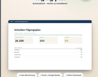 以下が含まれることがあります： ExcelおよびGoogleスプレッドシート用のデジタル債務返済計画テンプレート「Schulden-Tilgungplan」。インターフェースには、総債務額26,200、返済額800、進捗率3%が表示され、クレジットカードや自動車ローンなどの個別の債務リストが含まれています。