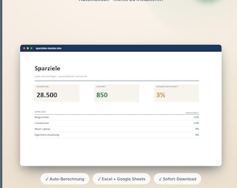以下が含まれることがあります： ExcelおよびGoogleスプレッドシート用のデジタル貯蓄プランテンプレート「Sparplan」。インターフェースには、合計目標額、貯蓄額、進捗率のフィールド、および特定の財務目標のリストが表示された貯蓄トラッカーが含まれています。