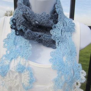 Queen Anne's Lace Scarf in shades of blue and cream. Made to order. All Season Scarf. Beautiful Gift for Girlfriend, Woman. image 2