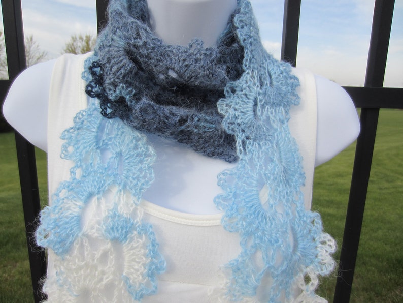 Queen Anne's Lace Scarf in shades of blue and cream. Made to order. All Season Scarf. Beautiful Gift for Girlfriend, Woman. image 2