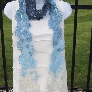 Queen Anne's Lace Scarf in shades of blue and cream. Made to order. All Season Scarf. Beautiful Gift for Girlfriend, Woman. image 3