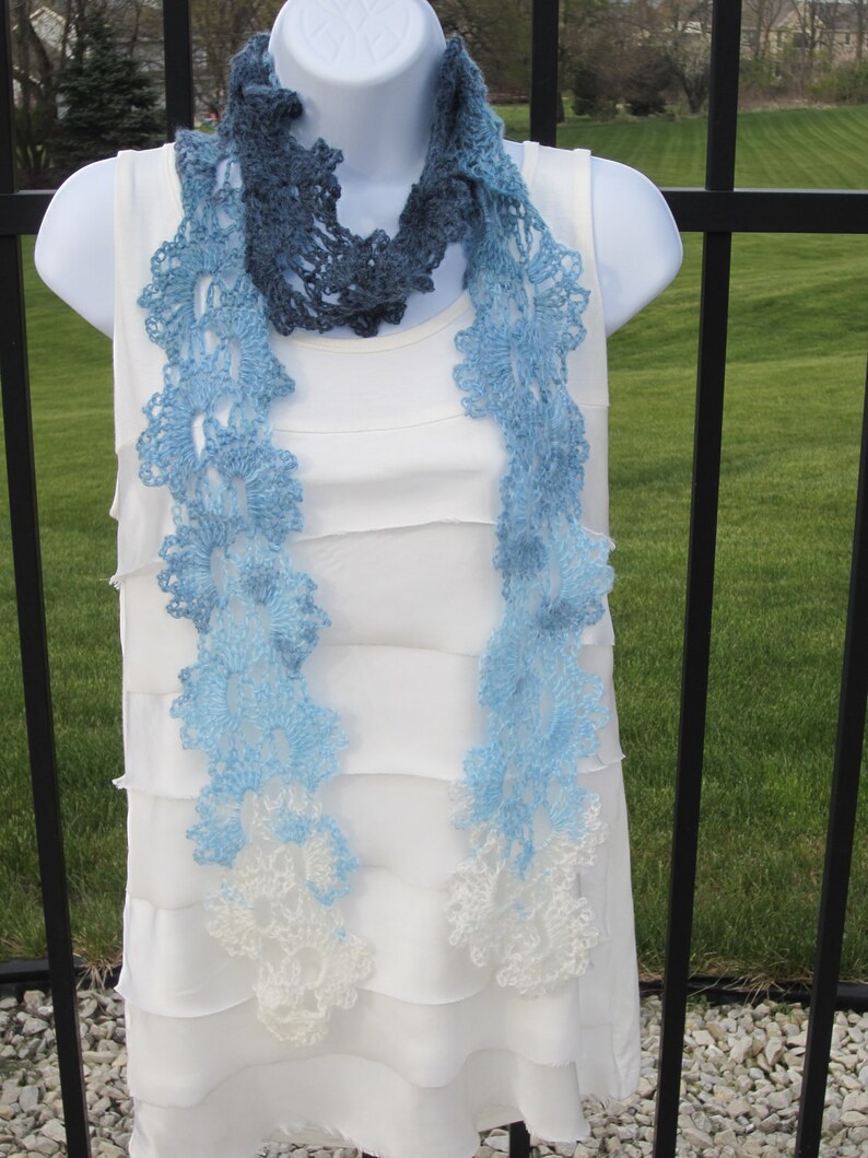 Queen Anne's Lace Scarf in shades of blue and cream. Made to order. All Season Scarf. Beautiful Gift for Girlfriend, Woman. image 3