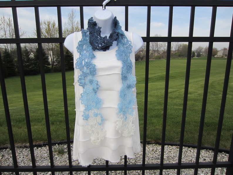 Queen Anne's Lace Scarf in shades of blue and cream. Made to order. All Season Scarf. Beautiful Gift for Girlfriend, Woman. image 4