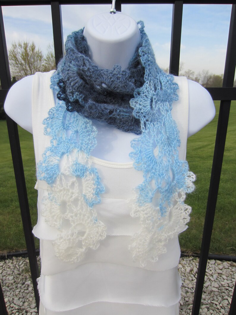 Queen Anne's Lace Scarf in shades of blue and cream. Made to order. All Season Scarf. Beautiful Gift for Girlfriend, Woman. image 1