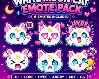 Paquete de emoticonos de gato de luna blanca para Twitch / Emoticonos de gato kawaii para streaming / Emoticonos para Discord / Emoticonos para chat / Descarga digital