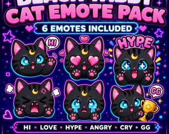 Paquete de emoticonos de gato atigrado negro para Twitch / Emoticonos de gato kawaii adorables / Emoticonos para chat de streamers / Emoticonos para Discord