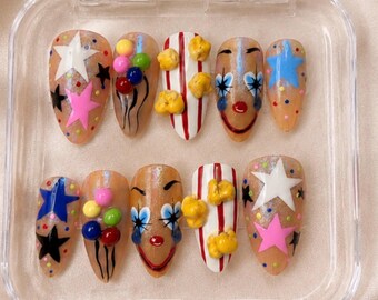 Hand-Painted Circus Press-On Nails: Clown, Popcorn, Stars, Balloons – Whimsical Carnival Style