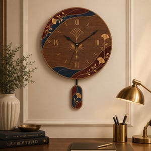 May include: A round wooden wall clock featuring a dark brown wood grain finish, navy blue and deep red curved accents, and gold-colored ginkgo leaf illustrations. The clock face displays Roman numerals and black hands with a matching pendulum.