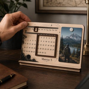 Dark Minimalist Perpetual Wooden Calendar Magnetic Photo Holder Cosmic Eclipse Tech Workspace Decor - The Setup Flexer
