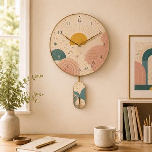Reloj de péndulo de madera estilo bohemio colorido, decoración abstracta de terrazo para renovar la habitación, decoración de pared estética para el hogar y la oficina - The New Nester