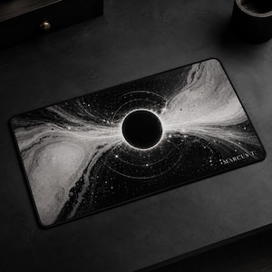 Dark Minimalist Desk Mat Cosmic Eclipse Large Mouse Pad Black and White Tech Workspace Decor - The Setup Flexer