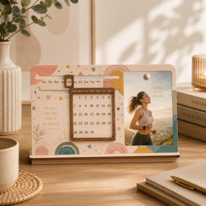 Calendario perpetuo de madera estilo bohemio colorido, portafotos magnético, decoración abstracta de terrazo para renovar el escritorio - The New Nester