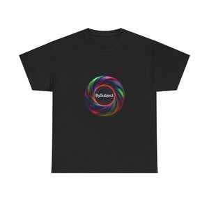 May include: A black short-sleeved t-shirt featuring a central graphic of a multicolored, swirling circular design that resembles a camera aperture. The text "BySubject" is printed in white in the center of the vibrant, rainbow-colored ring.