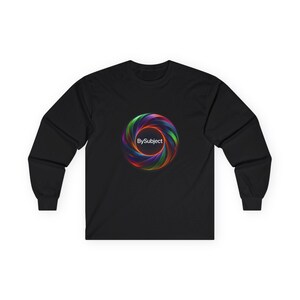 May include: A black long-sleeve shirt featuring a central graphic of a multicolored, swirling circular vortex design. The word BySubject is printed in white text in the center of the circular graphic, which displays gradients of red, blue, and green.