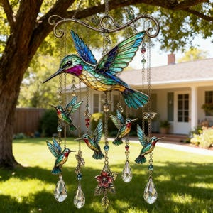 Peut inclure: Un carillon décoratif composé d'un grand colibri en vitrail sur le dessus, entouré de quatre petits ornements en forme de colibri. L'ensemble comprend des chaînes métalliques, des perles en verre coloré, une fleur en métal et des prismes en cristal.