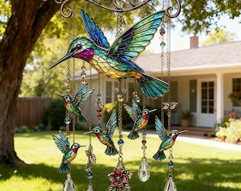 Stained Glass Hummingbird Wind Chime With Crystal Drops Perfect For Garden And Patio Decor
