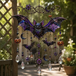 May include: A decorative hanging ornament featuring a large central bat with purple and blue stained glass wings. The piece includes dangling chains adorned with smaller bats, crescent moons, stars, orange jack-o'-lanterns, and clear crystals.